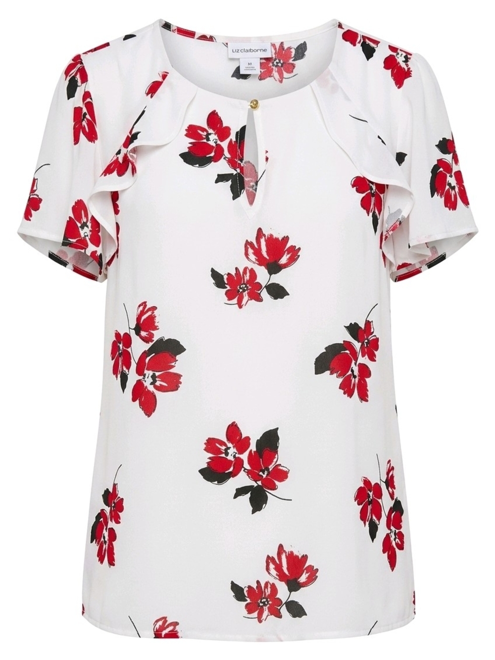 Liz Claiborne White Blouse with Red Floral Print and Ruffle Sleeves